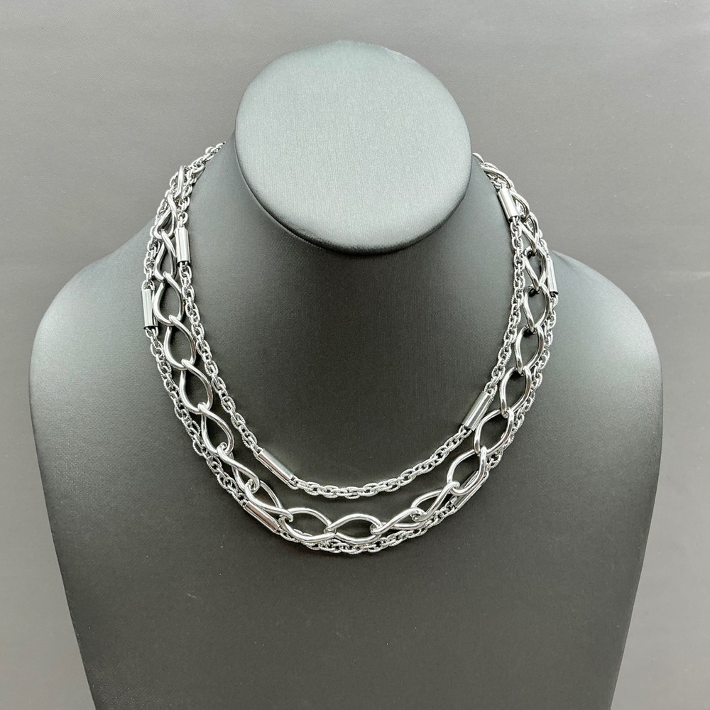 Multi Strand Chain Necklace Women Silver Tone Layered Chunky Link Vintage Style